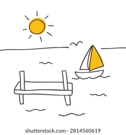 A minimalist hand drawn sketch of a small sailboat with a yellow sail floating near a wooden pier on the water under a bright sun