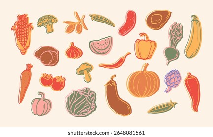 Minimalist hand drawn sketch vegetables vector illustration. Healthy organic food. Tomatoes, potato, corn, pepper, olives, avocado, pumpkin, cucumber, beet,  peas. Vector.
