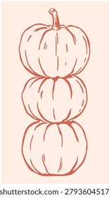 Minimalist hand drawn stack of three pumpkins illustration. Cozy autumn harvest aesthetic, perfect for seasonal Thanksgiving and fall design projects.