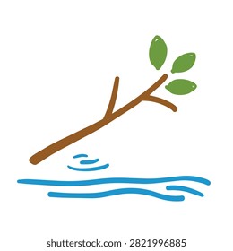 A minimalist hand drawn style illustration of a small brown branch with green leaves resting on blue rippling water