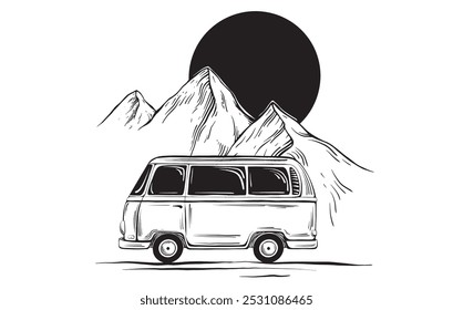 Minimalist hand drawn Sun over mountains and motorhome. Vector illustration in linear drawing style travel car or pickup truck for adventure or camping on isolated background.