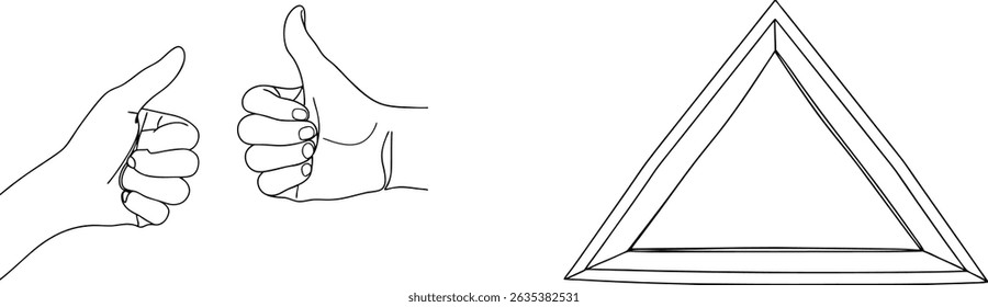 Minimalist hand drawn thumbs up gestures with geometric triangle shape symbol