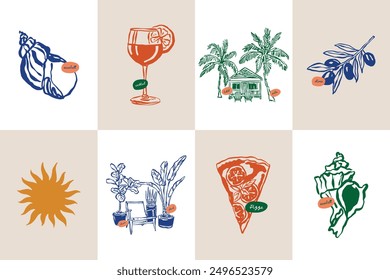 Minimalist hand drawn travel vector illustration collection. Art for postcards, branding, logo design, background.	