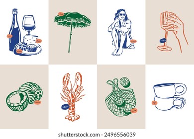 Minimalist hand drawn travel vector illustration collection. Art for postcards, branding, logo design, background.	