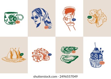 Minimalist hand drawn travel vector illustration collection. Art for postcards, branding, logo design, background.	