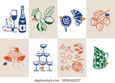 Minimalist hand drawn travel vector illustration collection. Art for postcards, branding, logo design, background.	