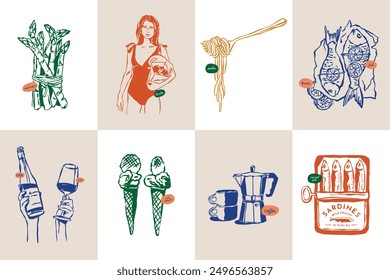 Minimalist hand drawn travel vector illustration collection. Art for postcards, branding, logo design, background.	