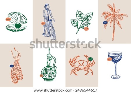 Minimalist hand drawn travel vector illustration collection. Art for postcards, branding, logo design, background.	