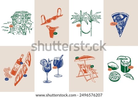 Minimalist hand drawn travel vector illustration collection. Art for postcards, branding, logo design, background.	
