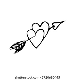 Mão minimalista desenhada vetor doodle de dois corações sobrepostos perfurado por uma seta de Cupido