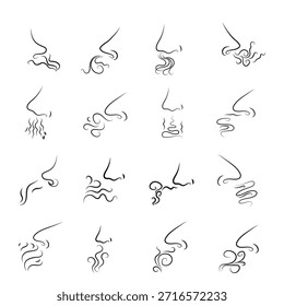 Minimalist hand drawn vector icon of a nose with flowing scent waves. Line pictogram symbol illustrates smell, odour or bad odor, inhale of air and breath, used as logo or symbol