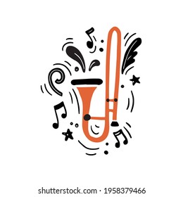 Minimalist Hand Drawn Vector Illustration Of Flat Style Traditional Brass Instrument Of Bright Orange Color Called Trombone Playing Loud Music Amidst Black Notes And Creative Music