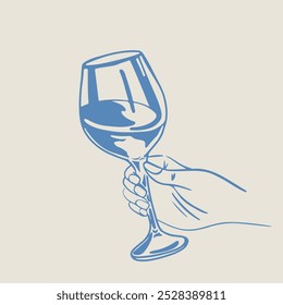 Minimalist hand drawn vector illustration of hand with a glass of wine