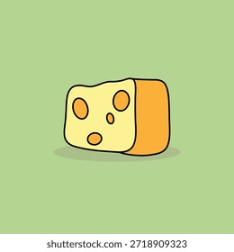 Ilustración vectorial dibujada a mano minimalista de un pedazo de queso suizo amarillo aislado en un fondo verde