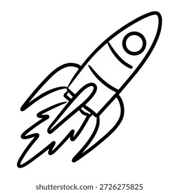 minimalistische, handgezeichnete Vektorgrafik eines ins All gestarteten Raketenschiffes. Dieses niedliche Doodle-Stil-Symbol verfügt über ein Raumschiff mit Rauchwolken und Feuer, perfekt für Startups, kreative Projekte, Lernmaterialien für Kinder und moderne Web-Design-Symbole.