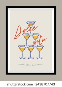 Minimalist hand drawn vector print poster in a frame. Wine illustration. Art for postcards, branding, logo design, greeting card