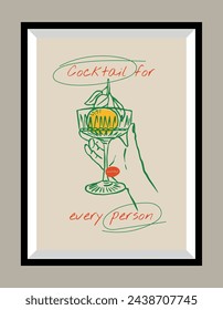 Minimalist hand drawn vector print poster in a frame. Wine illustration. Art for postcards, branding, logo design, greeting card