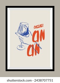 Minimalist hand drawn vector print poster in a frame. Wine illustration. Art for postcards, branding, logo design, greeting card