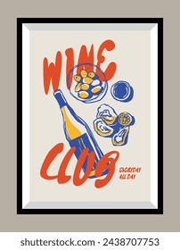 Minimalist hand drawn vector print poster in a frame. Wine illustration. Art for postcards, branding, logo design, greeting card