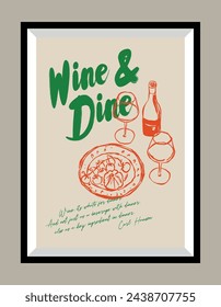 Minimalist hand drawn vector print poster in a frame. Wine illustration. Art for postcards, branding, logo design, greeting card