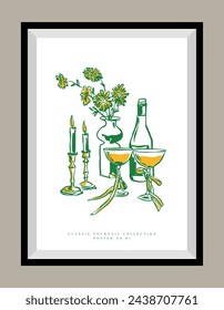 Minimalist hand drawn vector print poster in a frame. Wine illustration. Art for postcards, branding, logo design, greeting card