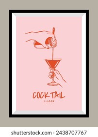 Minimalist hand drawn vector print poster in a frame. Wine illustration. Art for postcards, branding, logo design, greeting card