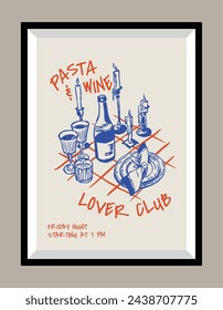 Minimalist hand drawn vector print poster in a frame. Wine illustration. Art for postcards, branding, logo design, greeting card