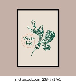 Minimalist hand drawn vegan vector illustration collection. Art for postcards, branding, logo design, background.