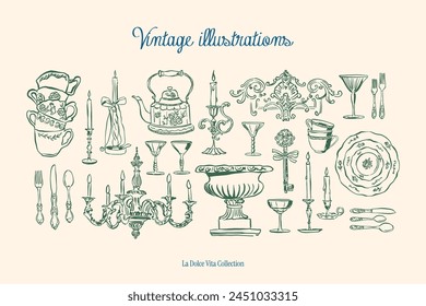 Colección de Ilustración vectorial vintage dibujada a mano minimalista. Arte para tarjetas de felicitación, invitaciones de boda, diseño de póster, postales, marca, diseño de logotipo, fondo.