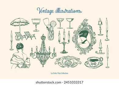 Minimalist hand drawn vintage vector illustration collection. Art for greeting cards, wedding invitations, poster design, postcards, branding, logo design, background.