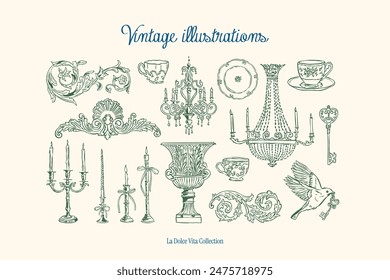 Colección de Ilustración vectorial vintage dibujada a mano minimalista. Arte para tarjetas de felicitación, invitaciones de boda, diseño de póster, postales, marca, diseño de logotipo, fondo.