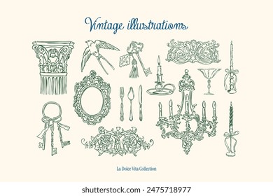 Minimalist hand drawn vintage vector illustration collection. Art for greeting cards, wedding invitations, poster design, postcards, branding, logo design, background.