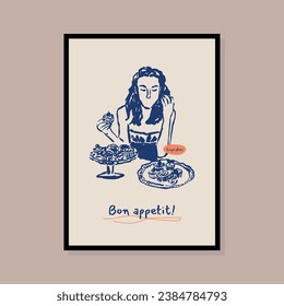 Minimalist hand drawn woman silhouette with food vector print poster. Art for postcards, branding, logo design, background.