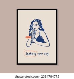 Minimalist hand drawn woman silhouette with food vector print poster. Art for postcards, branding, logo design, background.