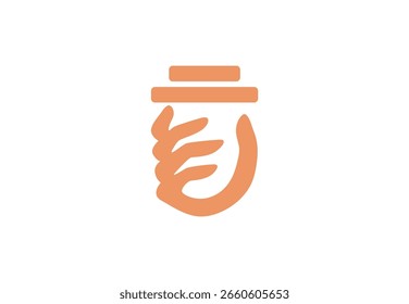 Mão minimalista segurando o logotipo de forma abstrata em laranja simbolizando cuidado e produto