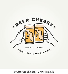 minimalist hand holding beer doing cheers line art icon logo vector illustration design. simple modern restaurant or bar logo concept