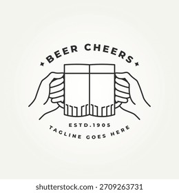 minimalist hand holding beer doing cheers line art icon logo vector illustration design
