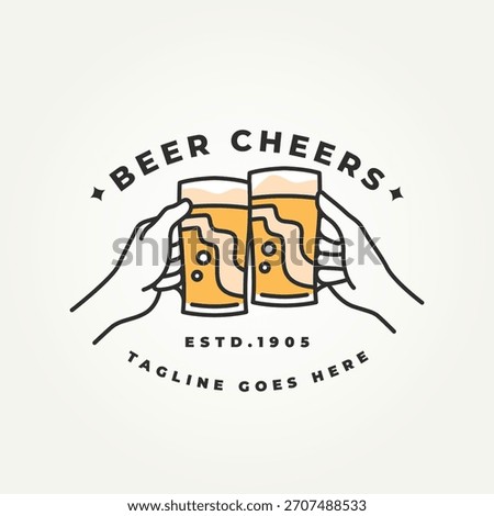 minimalist hand holding beer doing cheers line art icon logo vector illustration design. simple modern restaurant or bar logo concept