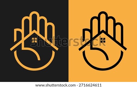 Minimalist hand and house logo concept, symbolizing home care, real estate, and property protection