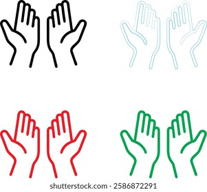 Minimalist hand icons, raised open palms, simple line drawings, color variations, black white red green blue, symmetrical hand gestures, flat design, vector illustration style, clean geometric shapes,