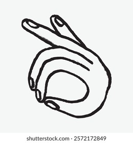 Minimalist hand illustration showing an OK gesture. Simple black lines, isolated vector. Artistic hand drawing with an OK sign. Simple isolated black line art doodle vector.