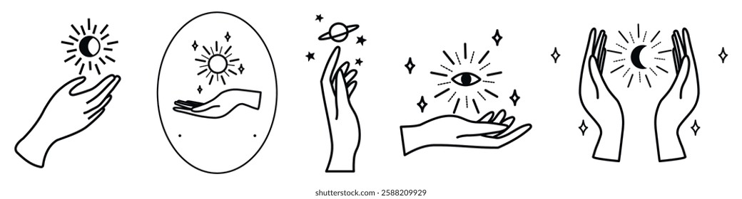 Minimalist hand illustrations with celestials like stars, sun, and moon. Hands and celestial symbols create a mystical, cosmic vibe. Black and white design. Aesthetic spirituality vector illustrations