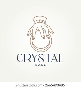 Mano minimalista con diseño de Ilustración vectorial de logotipo de icono de arte de línea de bola de cristal mágico. magia moderna simple, brujería, concepto de logotipo de tarot