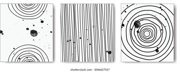Minimalist hand painted set of black cosmic circles and lines templates with watercolor and ink splashes on white background. Trendy grunge vector wall line art illustration.Modern poster design.