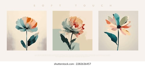 Minimalist hand painted wall art pastel colored flower composition bone background  Modern geometric elegant abstract wallpaper set for poster  wedding card  cover design  banner etc… vector