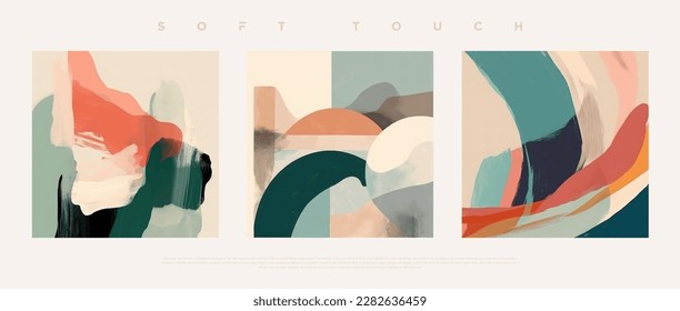 Minimalist hand painted wall art pastel colored composition on bone background. Modern geometric elegant abstract wallpaper set for poster, wedding card, cover design, banner etc… vector illustration