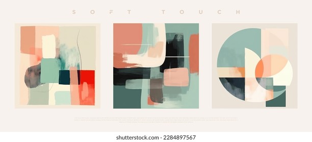 Minimalist hand painted wall art pastel colored composition on bone background. Modern geometric elegant abstract wallpaper set for poster, wedding card, cover design, banner etc… vector illustration