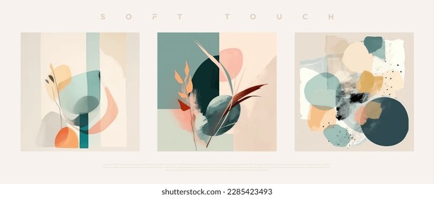 Minimalist hand painted wall art pastel colored composition on bone background. Modern geometric elegant abstract wallpaper set for poster, wedding card, cover design, banner etc… vector illustration