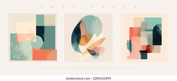 Minimalist hand painted wall art pastel colored composition on bone background. Modern geometric elegant abstract wallpaper set for poster, wedding card, cover design, banner etc… vector illustration