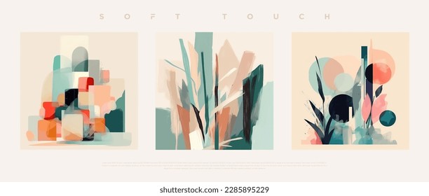 Minimalist hand painted wall art pastel colored composition on bone background. Modern geometric elegant abstract wallpaper set for poster, wedding card, cover design, banner etc… vector illustration